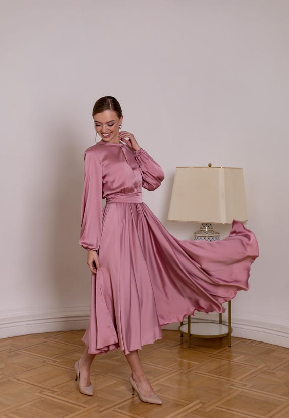 Rose Gold Midi Dress - Tea Length Bridesmaid Dress - Wedding Guest Dress Long Sleeve - Petite Evening Dress - Occasion Dress Rose Gold Midi Dress - Tea Length Bridesmaid Dress - Wedding Guest Dress  Long Sleeve - Petite Evening Dress - Occasion Dress - Etsy