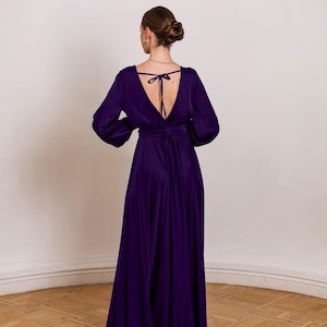 Royal Purple Formal Open Back Dress With Sleeves Custom Bridesmaid Dress Woman Dress For Wedding Guest Satin Evening Dress Flowy Maxi Dress
