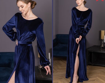 Navy blue formal dress Blue velvet evening gown Winter dress velvet Fall dress Floor dress Dark blue velvet dress Velvet dress vintage style