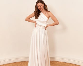Biała sukienka na jedno ramię, długa sukienka na wesele, sukienka na przyjęcie dla panny młodej, sukienka na przyjęcie, taniec, wesele, after party