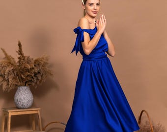 Elektrycznie niebieska, zwiewna sukienka, formalna sukienka na jedno ramię, satynowa sukienka dla druhny, sukienka koktajlowa dla gościa weselnego, sukienka midi na wieczorne przyjęcie