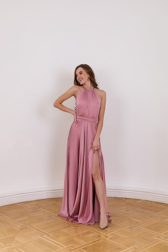 Rose Gold Bridesmaid Dress Evening Halter Neck Dress Sleeveless Satin Flowy  Dress Long Dress for Wedding Guest Special Occasion Dresses - Etsy Australia