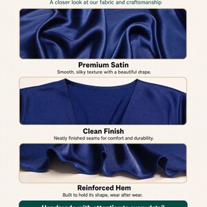 Pu&ograve; includere: Una presentazione di tessuto in raso blu con il testo NikaStudioDesign, Quality You Can Feel, A closer look at our fabric and craftsmanship, Premium Satin, Clean Finish, Reinforced Hem e Handmade with attention to every detail.