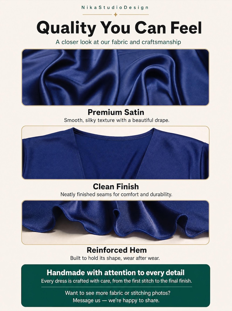 Pu&ograve; includere: Una presentazione di tessuto in raso blu con il testo NikaStudioDesign, Quality You Can Feel, A closer look at our fabric and craftsmanship, Premium Satin, Clean Finish, Reinforced Hem e Handmade with attention to every detail.