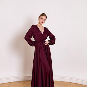Long Dress V-Neck Bridesmaid Dress With Sleeve Low Back Evening Gown Woman Dress For Wedding Guest Maroon Long Sleeve Dress Satin Maxi Dress