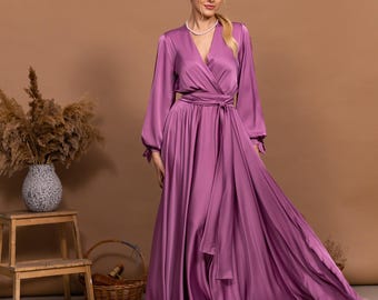 Formalna sukienka z dekoltem w serek, fioletoworóżowym, z rękawami, długa sukienka maxi, sukienka dla druhny szyta na zamówienie, dla gości weselnych, z długim rękawem i luźną sukienką