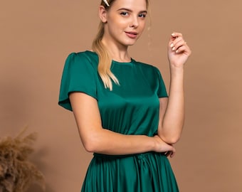 Szmaragdowozielona sukienka dla druhny, sukienka dla gościa weselnego, sukienka z krótkim rękawem i dekoltem w łódkę, ręcznie robiona sukienka wieczorowa