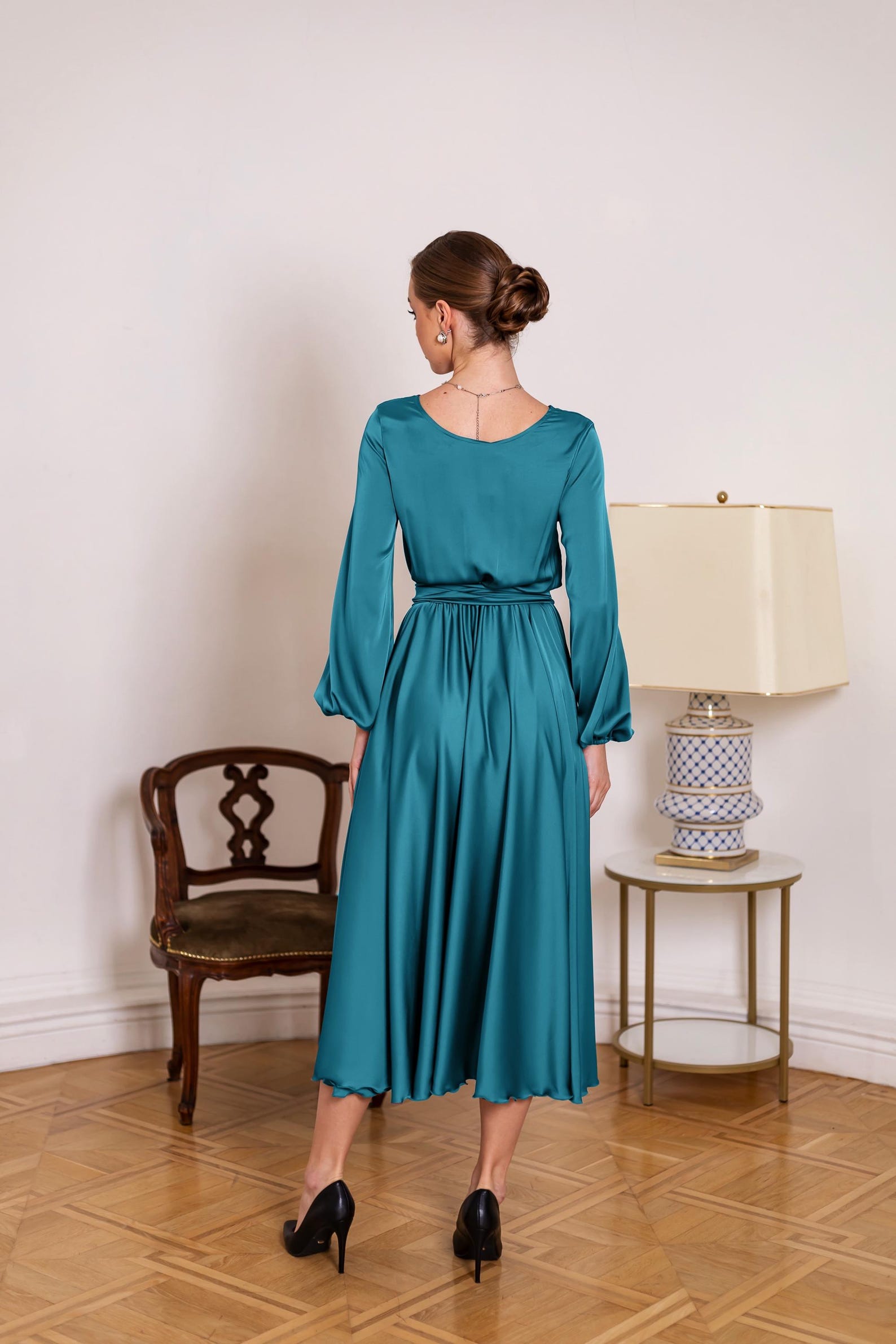 Long Sleeve Satin Dress Modest Bridesmaid Dress Turquoise Midi Cocktail ...