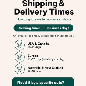 May include: An informational graphic titled Shipping & Delivery Times by Nika Studio Design. It lists sewing time as 3-5 business days and delivery estimates for USA & Canada, Europe, and Australia & New Zealand with airplane icons.