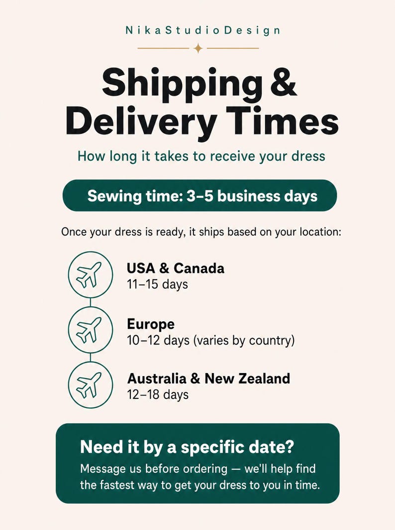 May include: An informational graphic titled Shipping & Delivery Times by Nika Studio Design. It lists sewing time as 3-5 business days and delivery estimates for USA & Canada, Europe, and Australia & New Zealand with airplane icons.