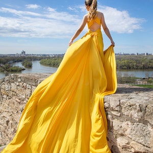 Flying dress Flowy dress Long flowy dress Yellow flying satin dress Flying dress for photoshoot Flowy maternity dress Long train dress image 2