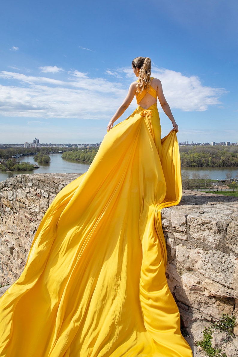 Flying dress Flowy dress Long flowy dress Yellow flying satin dress Flying dress for photoshoot Flowy maternity dress Long train dress image 2