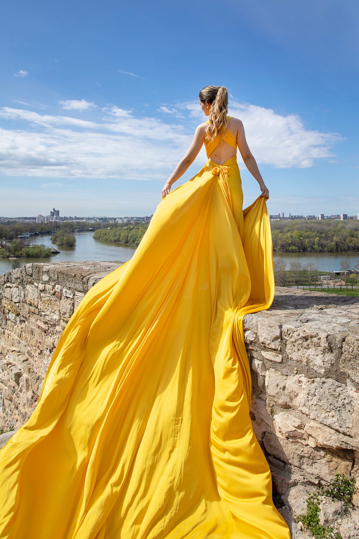Flying Dress Flowy Dress Long Flowy Dress Yellow Flying Satin Dress Flying Dress for Photoshoot Flowy Maternity Dress Long Train Dress
