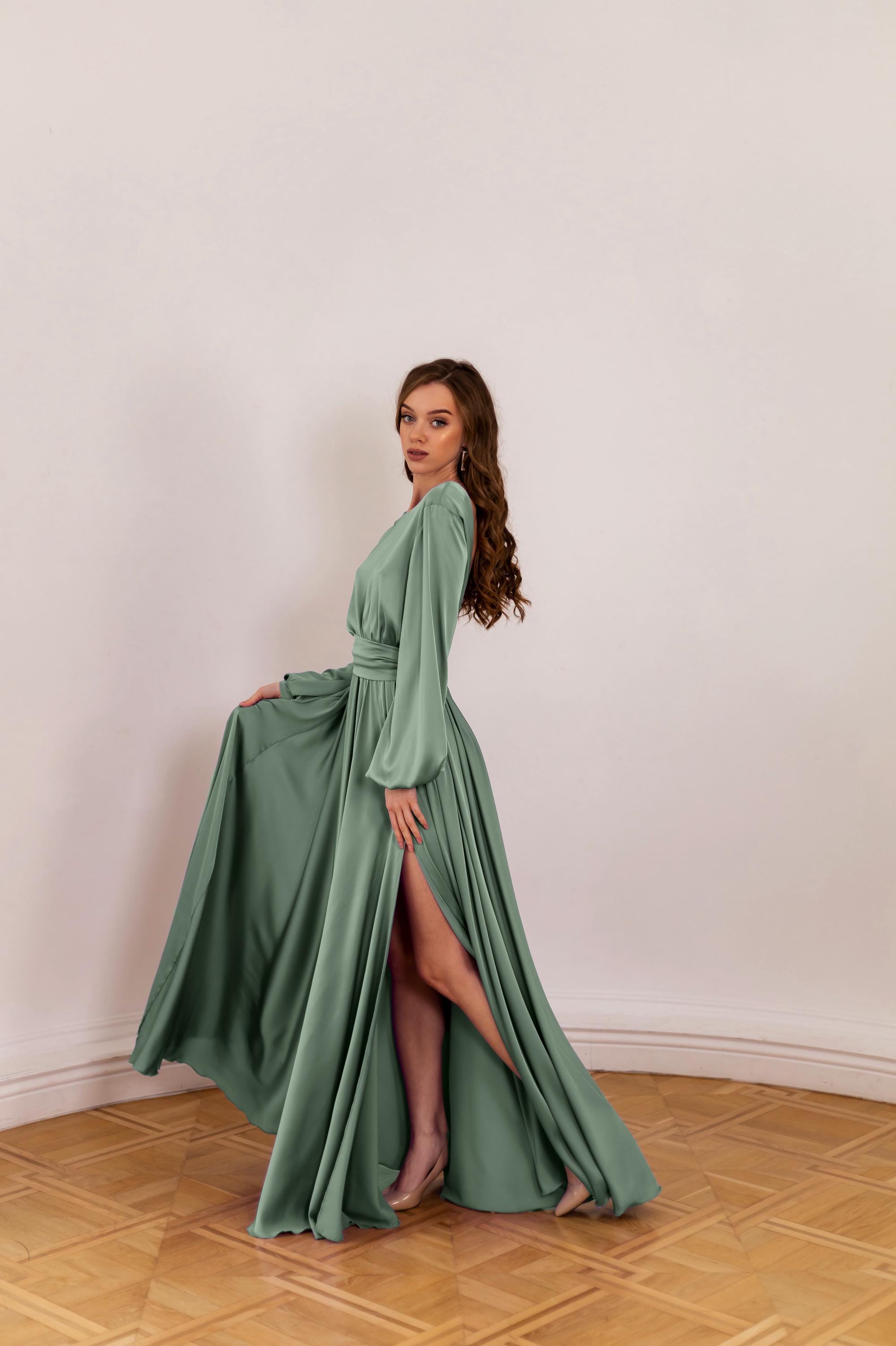Sage Green Open Back Bridesmaid Dress Elegant Wedding Guest Dress Custom Made Maxi Dress Formal Long Sleeve Evening Gown Sage Green Open Back Bridesmaid Dress Elegant Wedding Guest Dress Custom Made Maxi Dress Formal Long Sleeve Evening Gown