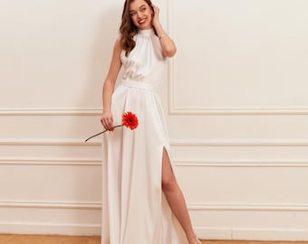 Halter Wedding Dress Simple Elopement Dress With Slit White Cocktail Dress Women Courthouse Marriage Dress Long Dress For Wedding Party
