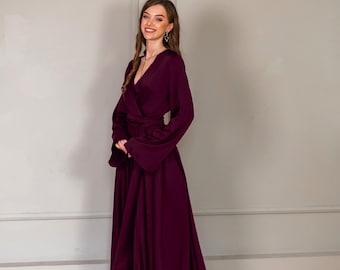 Long Sleeve Bridesmaid Dress Maxi Dress for Wedding Guest Long Dress for Woman Long Dress V-Neck Evening Gown