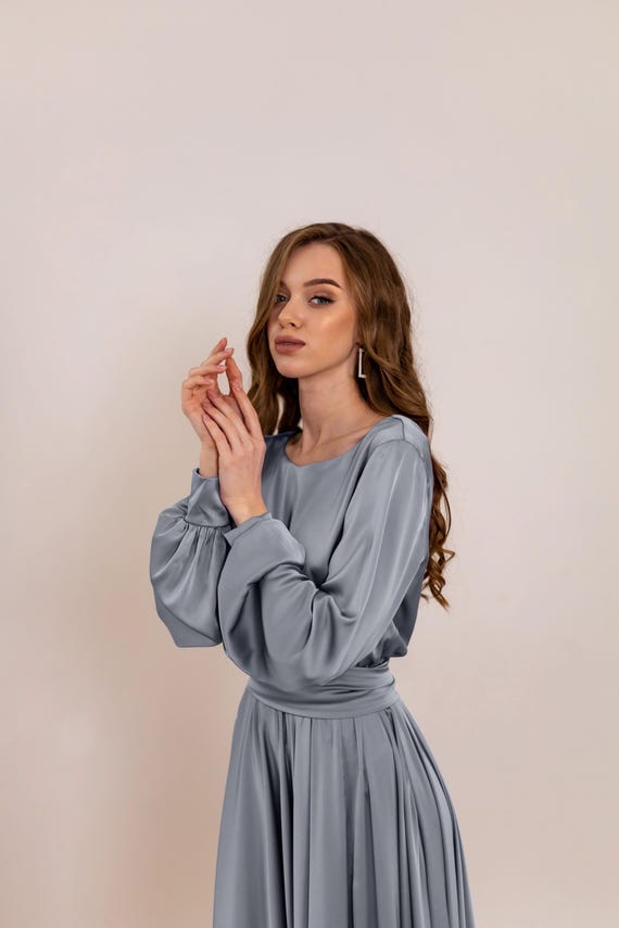 grey long sleeve bridesmaid dresses Gray Satin Dress Custom Dress Long Maxi Formal Gown Flowing Cocktail Dress For Wedding Guest Boat Neckline Dress Lucy's Blue Dress for womens cotton kaftan and empire waist Suit Jacket Size/Waist Size:54/48