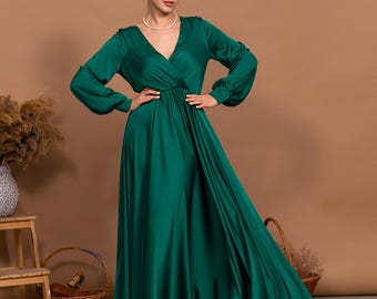 Suknia damska w kolorze szmaragdowej zieleni, formalna, dla matki panny młodej, z dekoltem w serek, z długim rękawem, satynowa, szyta na zamówienie, długa sukienka dla gościa weselnego