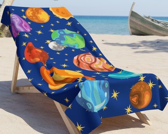 Solar System Beach Towel Blue Cartoon Planets Universe Vacation Summer Sun Pool Party Home Decor Ocean Stars Milky Way Space Kids Boys Girls