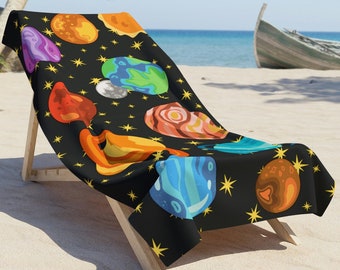 Solar System Beach Towel Black Cartoon Planets Universe Vacation Summer Sunny Pool Party Beach Ocean Stars Milky Way Space Kids Boys Girls
