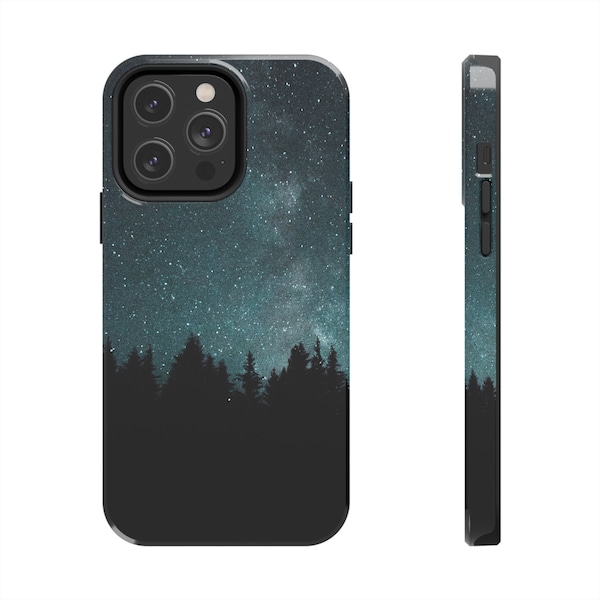 Starry Night iPhone 12, 13, and 14 Case (All Models!) - Tough Phone Cases Stars Dusk Milky Way Galaxy Forest Trees Nature Universe Cosmic