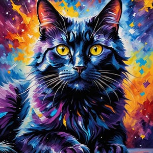 Galaxy acrylic mixed media rainbow color theory confetti black tabby cat stunning impressionism inspired Download Home Decor Wall Art