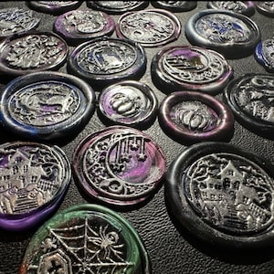 50+ wax seals various patterns colors sizes spooky Halloween witch pagan cat coffin moon ghost potion pumpkin silver black purple green blue