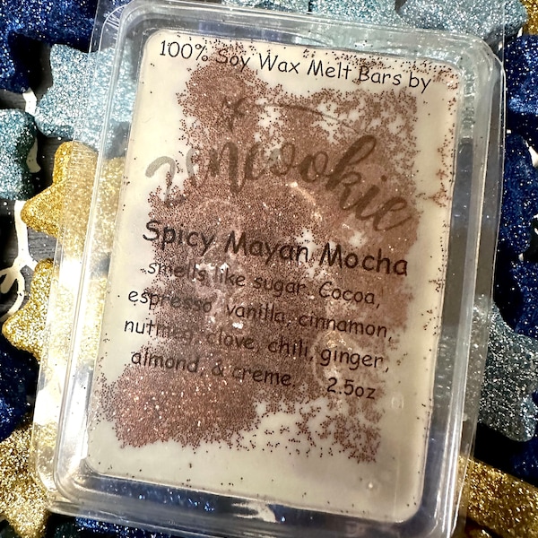 Spicy Mayan Mocha Soy shimmer Candle Wax Melts smells like sugar cocoa espresso vanilla cinnamon nutmeg clove chili ginger almond and crème