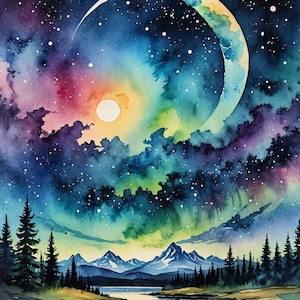 May include: A watercolour painting depicting a crescent moon against a starry sky, with a mountain range in the foreground. The moon is a bright white, and the sky is a deep blue with hints of purple and green. The mountains are a dark blue, and the water in the foreground is a light blue.