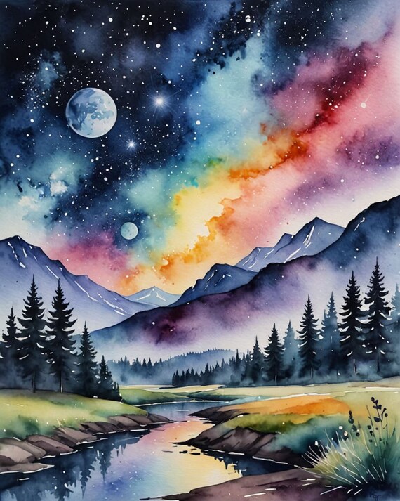 銀河水彩風景画：幻想的な月のアート（デジタルダウンロード） - Etsy 日本