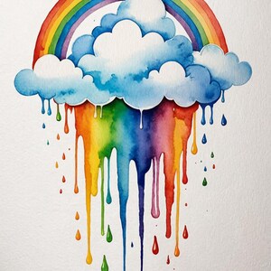 Impressão em aquarela de galáxia Baixar arco-íris nuvem de chuva pingos de chuva scrapbooking cartões postais cartões comemorativos banheiro quarto decoração para casa arte de parede
