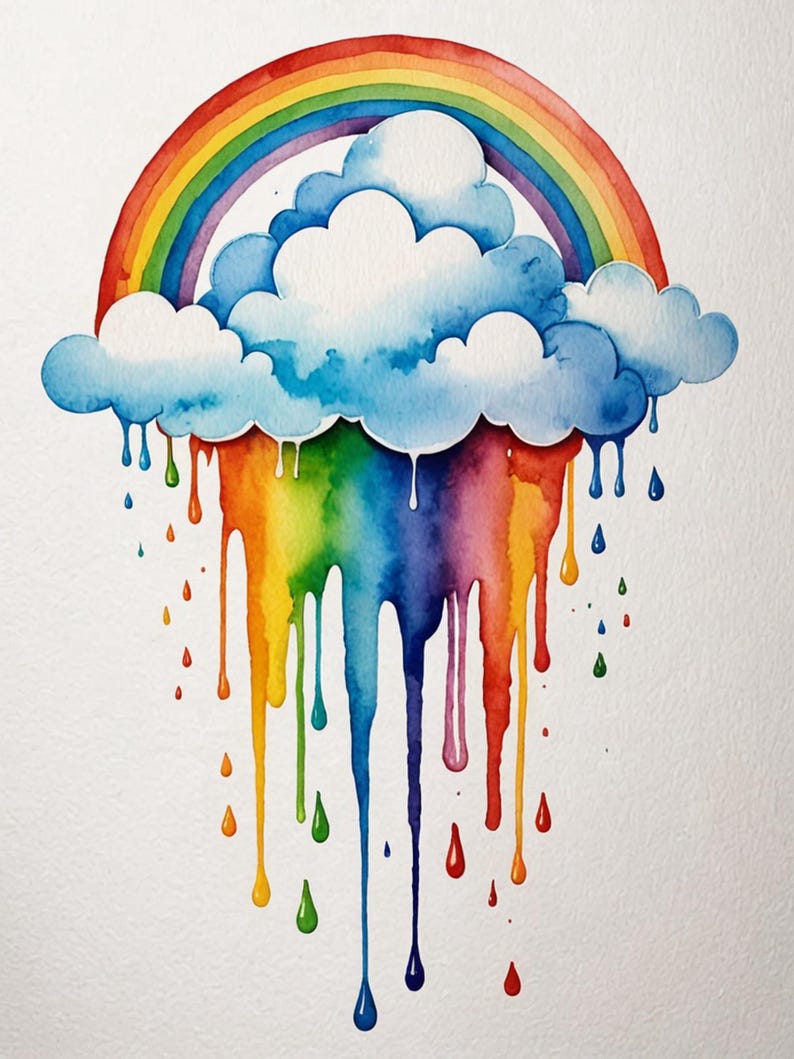 Rainbow Raincloud Watercolor Print: Galaxy Drips Wall Art (digital ...