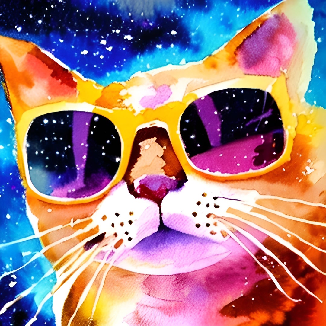 Watercolor Galaxy Tabby Cat Sunglasses Fun Whimsical Download Kids ...
