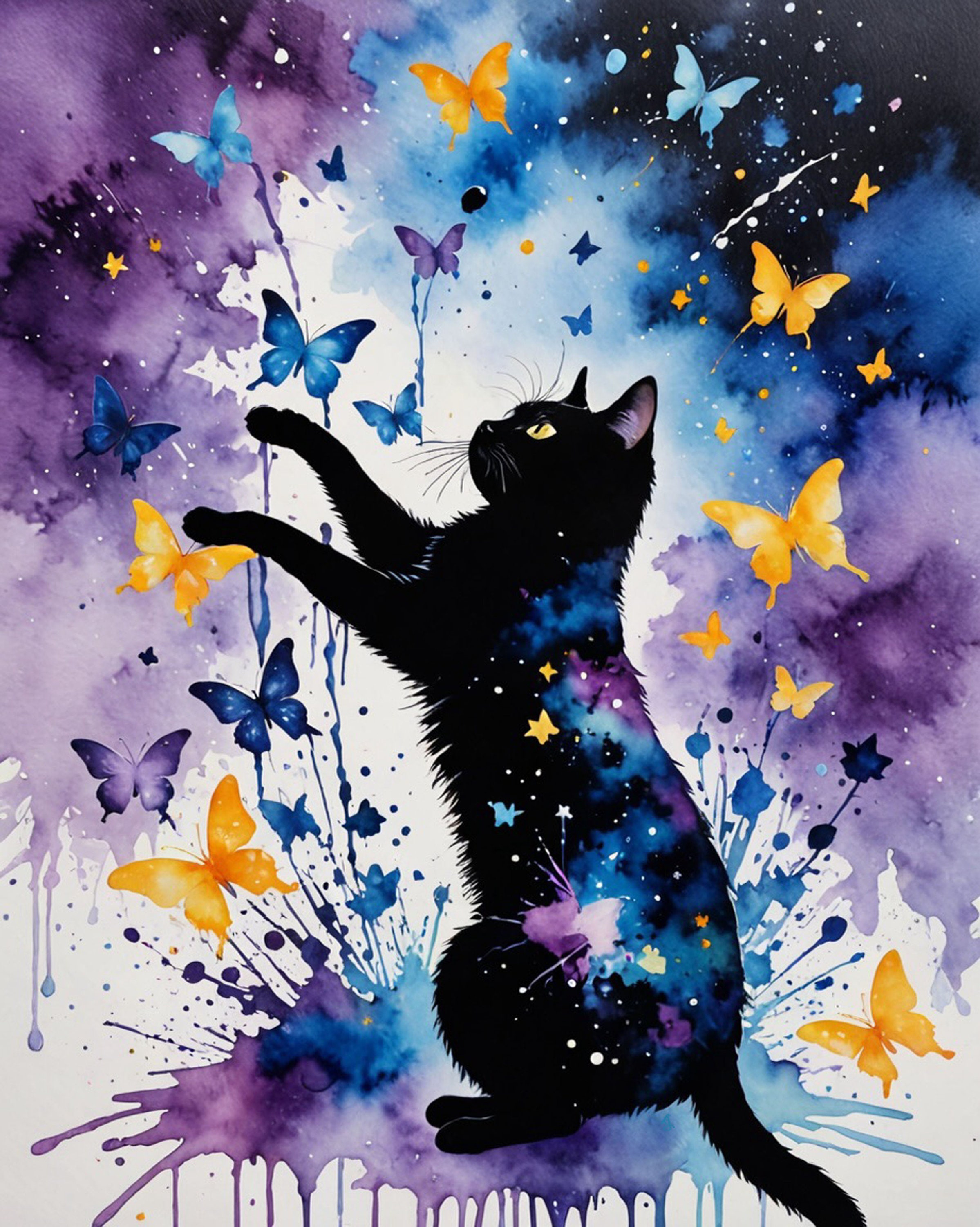 Galaxy Watercolor Print Exploding Butterfly Confetti Present Black Cat ...