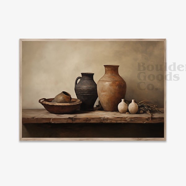 STILL LIFE POTTERY Print, Still Life Painting, Pottery print, Old World Pottery Painting, Moody Print, Neutral art, Modern Print, Home Decor