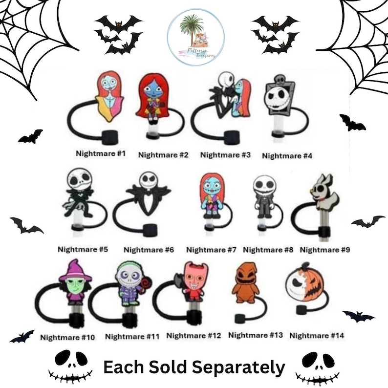 May include: A set of 14 Nightmare Before Christmas themed hair ties. Each hair tie features a different character from the movie, including Jack Skellington, Sally, and Zero. The hair ties are black and feature a variety of colors and designs. Each hair tie is sold separately.