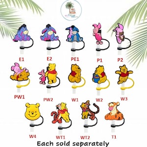 May include: A set of 14 Winnie the Pooh and Tigger character charms for a straw. The charms are made of silicone and feature various characters from the Disney movie, including Winnie the Pooh, Piglet, Tigger, and Eeyore. Each charm is labeled with a letter and number, such as E1, E2, PE1, P1, P2, PW1, PW2, W1, W2, W3, W4, WT1, WT2, and T1. The text "Each sold separately" is printed at the bottom of the image.