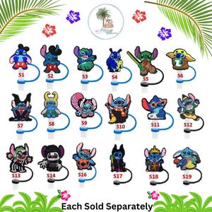 May include: A set of 19 colorful Stitch character charms, each with a different design and color scheme. The charms are attached to blue rubber bands and labeled with numbers S1 through S19.