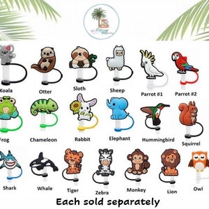 Animal Straw Topper | Frog | Sloth | Elephant | Lion | Bird | Zebra | Parrot | Monkey | Tiger | Koala | Whale | Shark | Squirrel | Otter