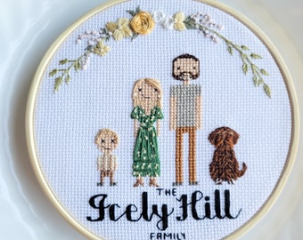 Custom family cross-stitch portrait