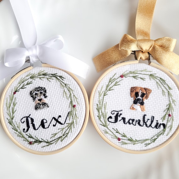 Custom cross-stitch christmas pet ornament