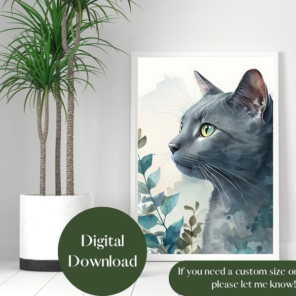 Watercolor Russian Blue Printable Art | Grey Cat Digital Art | Printable Wall Art | Cat Lovers | Cat Prints | Living Room Decor | Tabby Cat