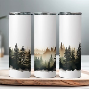 Minimalistische Misty Pine Forest Tumbler Wrap, Sublimation 20 Unzen, Skinny, Instant PNG, Retro, Tumbler für Ihn, Natur, Camping, Personalisierung