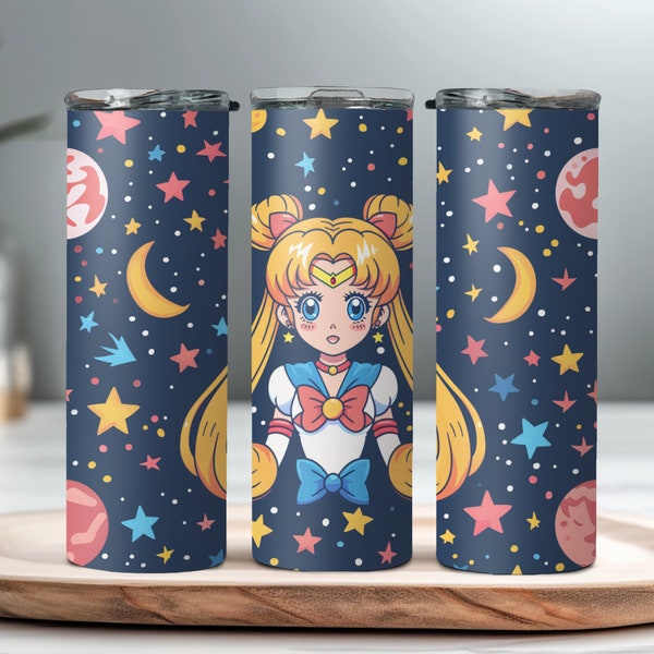 Seamless Anime Inspired Tumbler Wrap, SM, Sublimation 20 oz, Skinny, Instant PNG, Watercolor, Sailor Moon, Manga, Crystal, Kawaii, Icons,