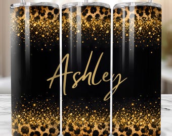 Naadloze luipaardprint sprankelende beker wrap, glitter, sublimatie 20 oz, mager, instant png, liefde, girly, moeder, kleurovergang, naam, zwart, goud