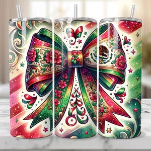 Latino Sublimation Tumbler Design, Mexican Flag Coquette Bow 20oz Tumbler Wrap PNG, Mexican Flag Art Latino PNG, Skinny Tumbler Download