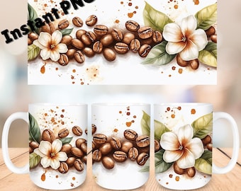 Coffee Mug Wrap, Flower Mug Png, 11oz Mug And 15oz Mug Wrap, Coffee Cup Png Design, Beige Watercolor Mug Sublimation, Mug Press Png