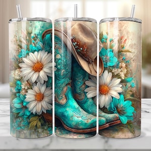 Western Cowboy Boots Tumbler Wrap, 20 oz Skinny Tumbler Sublimation Design Wrap, Digital Download, Straight Design PNG, Cactus & Flowers