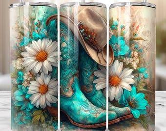 Western Cowboy Boots Tumbler Wrap, 20 oz Skinny Tumbler Sublimation Design Wrap, Digital Download, Straight Design PNG, Cactus & Flowers