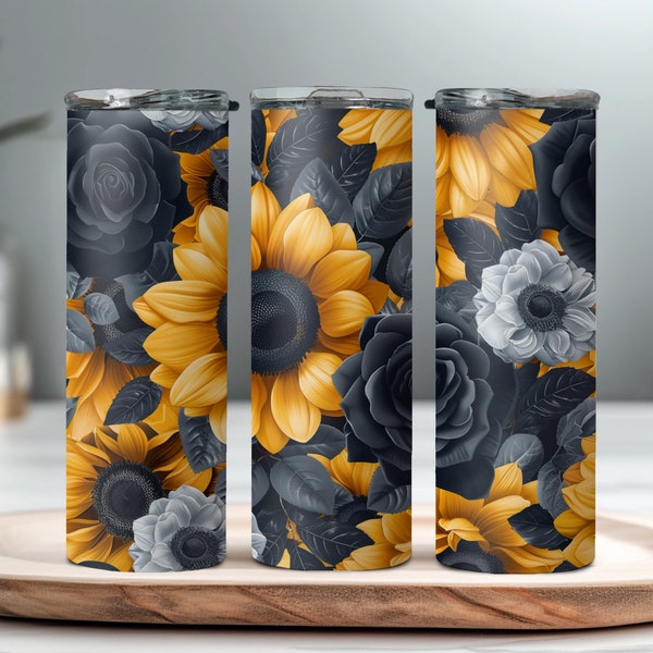 Seamless Black Roses and Sunflowers Tumbler Wrap, Matte, Sublimation 20 oz, Skinny, Instant PNG, Flower Tumbler Wrap, Love, For her, Mom, 3D